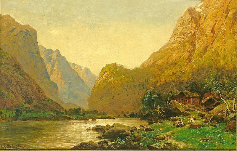 Carl Oesterley jr. Romantische Flusslandschaft mit Personenstaffage an einem prachtvollen Sommertag